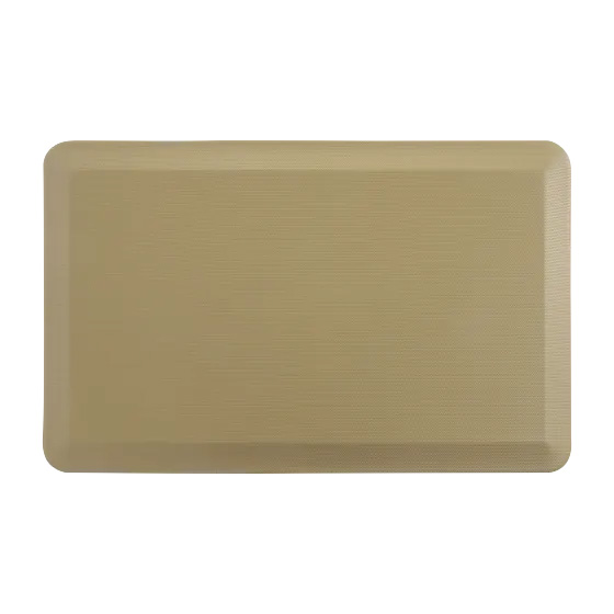 A rectangular anti-fatigue mat with a smooth, textured surface in a neutral beige color, designed for providing comfort while standing.