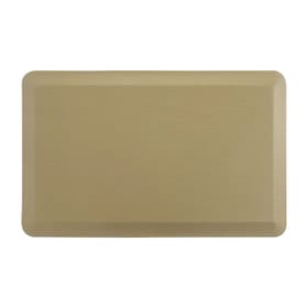A rectangular anti-fatigue mat with a smooth, textured surface in a neutral beige color, designed for providing comfort while standing.
