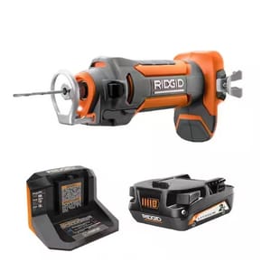 RIDGID cordless rotary tool kit with a cutting tool, charger, and lithium-ion battery.