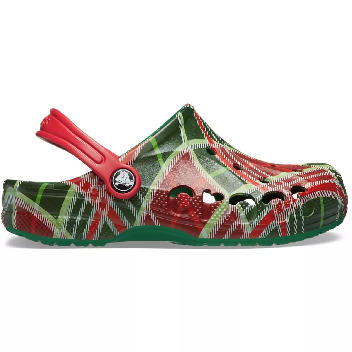 A green and red plaid Croc clog with a red strap, featuring ventilation holes and a textured sole.