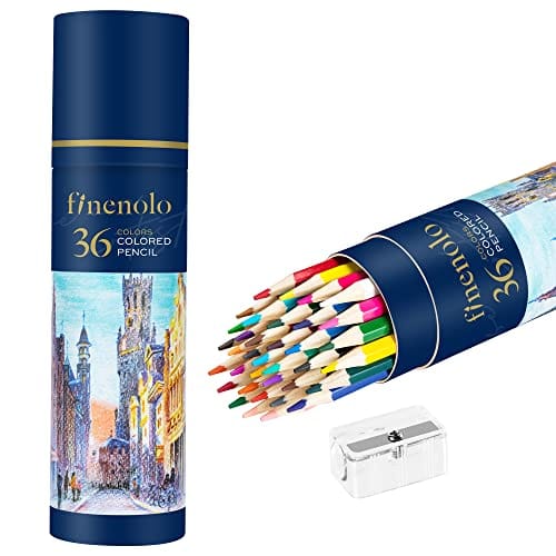 Tin container with 36 colored pencils labeled \“finenolo\“ featuring a colorful cityscape design, accompanied by a clear pencil sharpener.