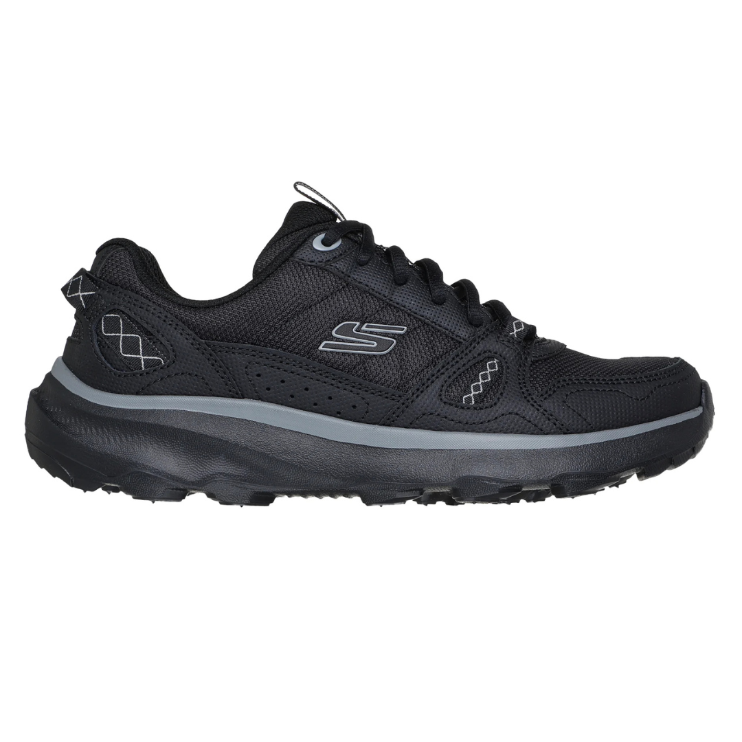 Black athletic sneaker with a mesh upper, cushioned midsole, and lace-up design, featuring a logo on the side.