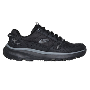 Black athletic sneaker with a mesh upper, cushioned midsole, and lace-up design, featuring a logo on the side.