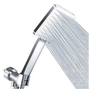 A sleek, square, chrome detachable shower head with multiple small nozzles, releasing even streams of water.