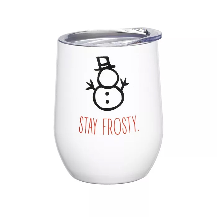 A white insulated wine tumbler with a printed snowman design and the phrase \“STAY FROSTY.\“