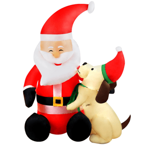 Inflatable Santa Claus with a smiling face, dressed in a red outfit, is accompanied by a cute dog wearing a Santa hat.