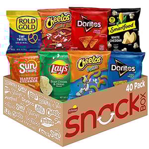 Variety pack of Frito-Lay snacks including Lay's, Doritos, Cheetos, Roll Gold pretzels, Sun Chips, Ruffles, and Smartfood popcorn in a display box.
