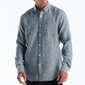 A gray button-up long-sleeve shirt with a subtle texture and a pocket on the left chest, featuring a small embroidered logo.