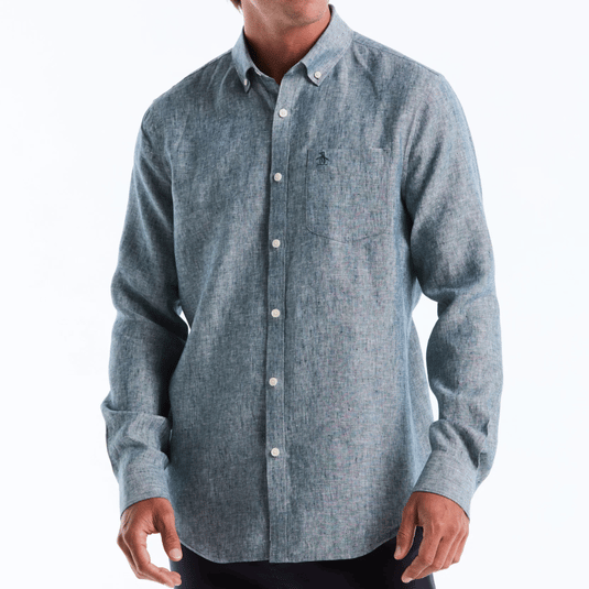 A gray button-up long-sleeve shirt with a subtle texture and a pocket on the left chest, featuring a small embroidered logo.