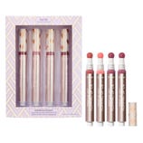 Tarte Maracuja Juicy Plumping Lip Oil set includes four shades with a sponge applicator in a decorative box labeled \“Mistletoe Kisses.\“