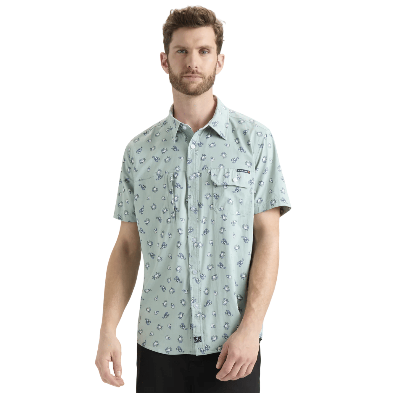 Light green short-sleeve button-up shirt with small blue and white floral patterns, featuring two chest pockets.