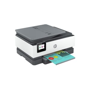 HP all-in-one printer with a flatbed scanner and a color touchscreen display panel.