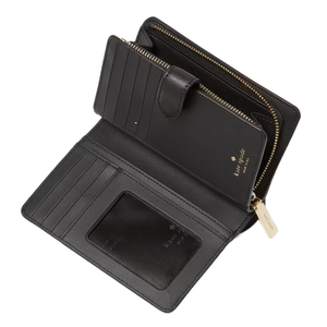 A black leather wallet with multiple card slots, an ID window, and a zippered coin compartment, featuring Kate Spade branding in gold lettering.