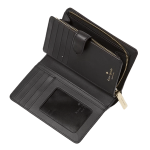 A black leather wallet with multiple card slots, an ID window, and a zippered coin compartment, featuring Kate Spade branding in gold lettering.