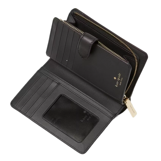 A black leather wallet with multiple card slots, an ID window, and a zippered coin compartment, featuring Kate Spade branding in gold lettering.