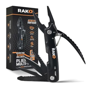RAK Plier Multi-Tool, featuring 12 tools in one, includes pliers, cutters, and various blades. The set comes with a carrying case and is suitable for car, boat, office, and trips.