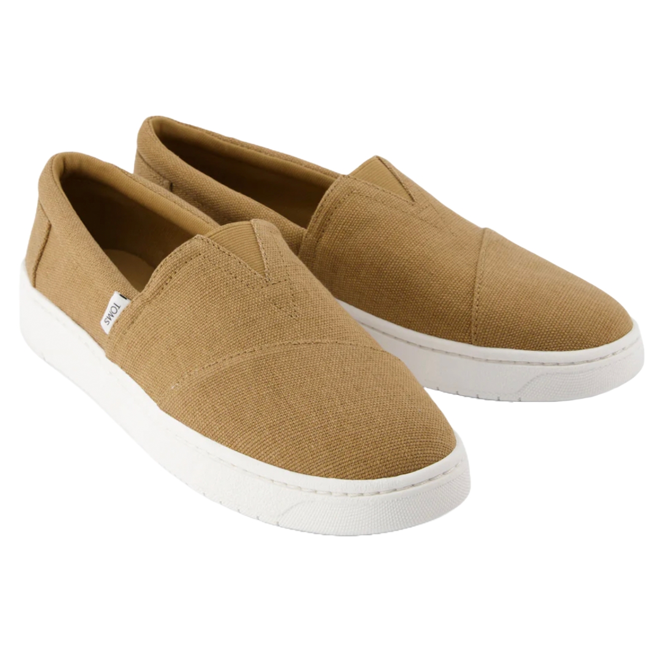 TOMS Men's Alpargata Sneakers are slip-on shoes with tan canvas uppers and white rubber soles, featuring a simple, minimalist design with a small TOMS label on the side.