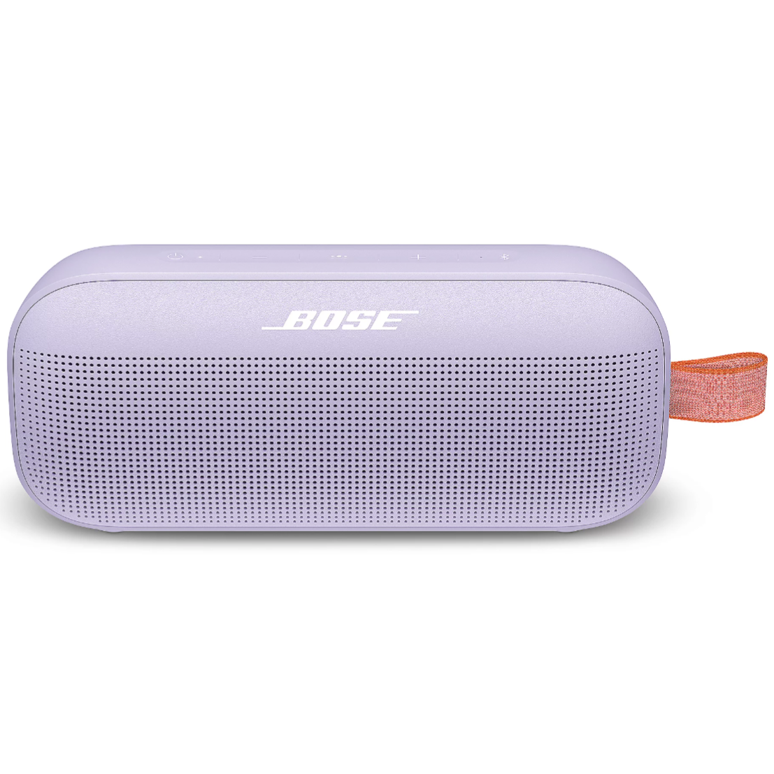 A lavender Bose Bluetooth speaker with an orange carrying strap, featuring a perforated front for sound and minimalistic top controls.