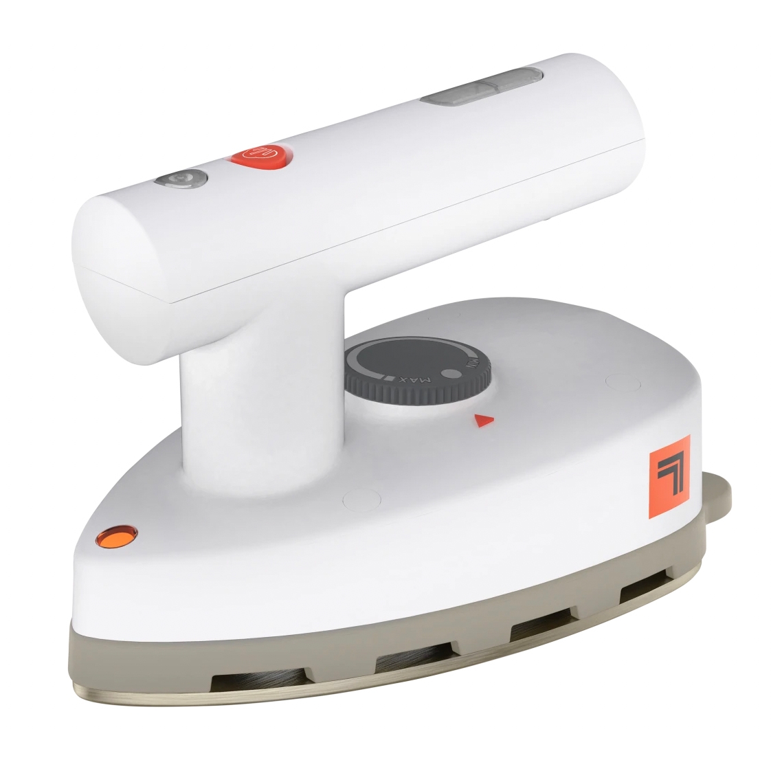 A compact handheld steam iron with a modern design, featuring controls on the handle, a temperature dial, and a steam button.