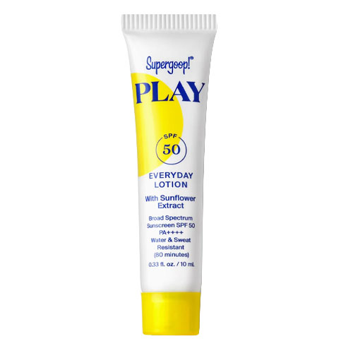 Supergoop! Play Everyday Lotion SPF 50, 10 ml tube, offers broad spectrum SPF 50 protection, is water and sweat resistant for 80 minutes, and contains sunflower extract.