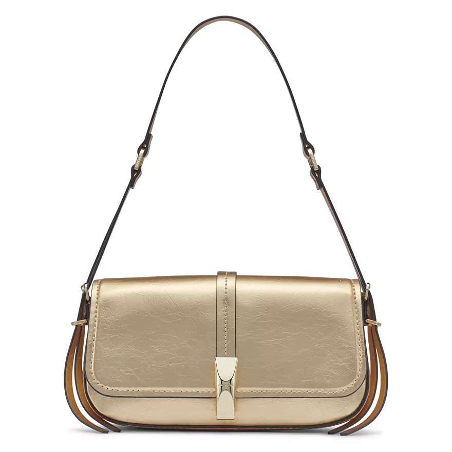 A gold shoulder bag with a sleek design, featuring a rectangular shape and a central clasp. It has an adjustable strap and clean stitching details.