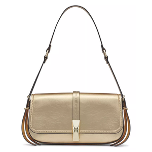 A gold shoulder bag with a sleek design, featuring a rectangular shape and a central clasp. It has an adjustable strap and clean stitching details.