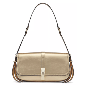 A gold shoulder bag with a sleek design, featuring a rectangular shape and a central clasp. It has an adjustable strap and clean stitching details.