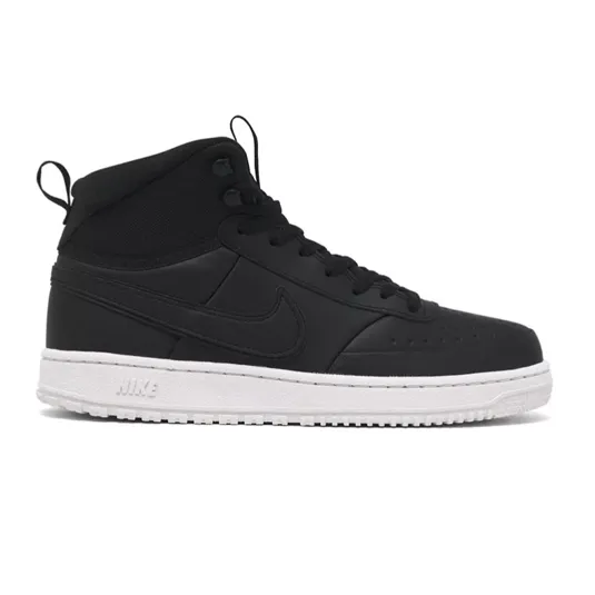 Black Nike high-top sneaker with a white sole and the Nike logo on the side.