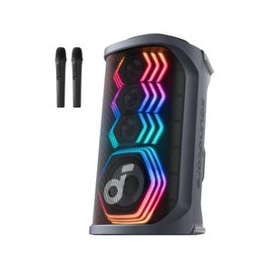 Soundcore Bluetooth speaker with colorful LED lights and two wireless microphones.