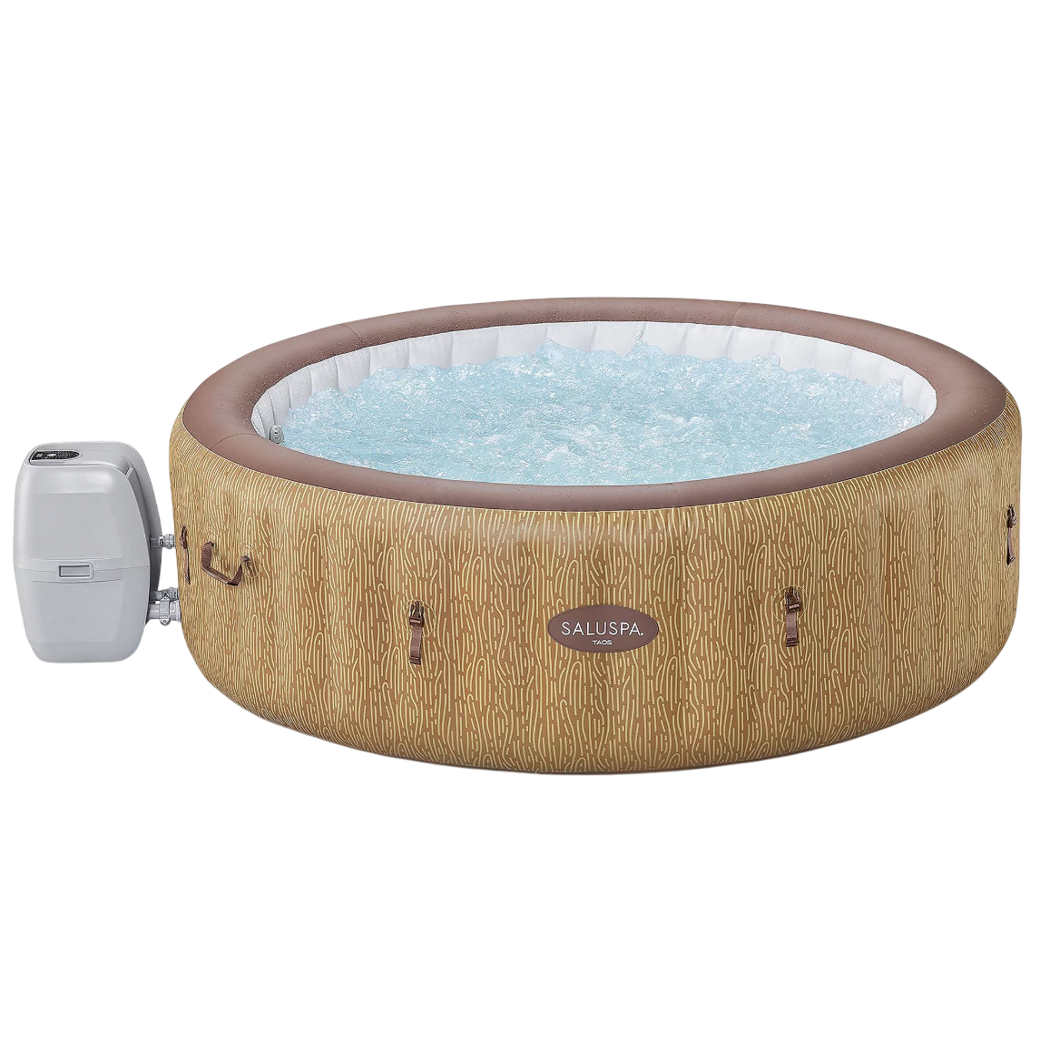Inflatable hot tub with a wood-like exterior, labeled \“Saluspa,\“ featuring a digital control panel and bubbles, designed for outdoor relaxation with integrated heater and pump system.