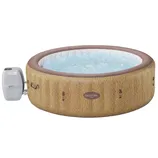 Inflatable hot tub with a wood-like exterior, labeled \“Saluspa,\“ featuring a digital control panel and bubbles, designed for outdoor relaxation with integrated heater and pump system.