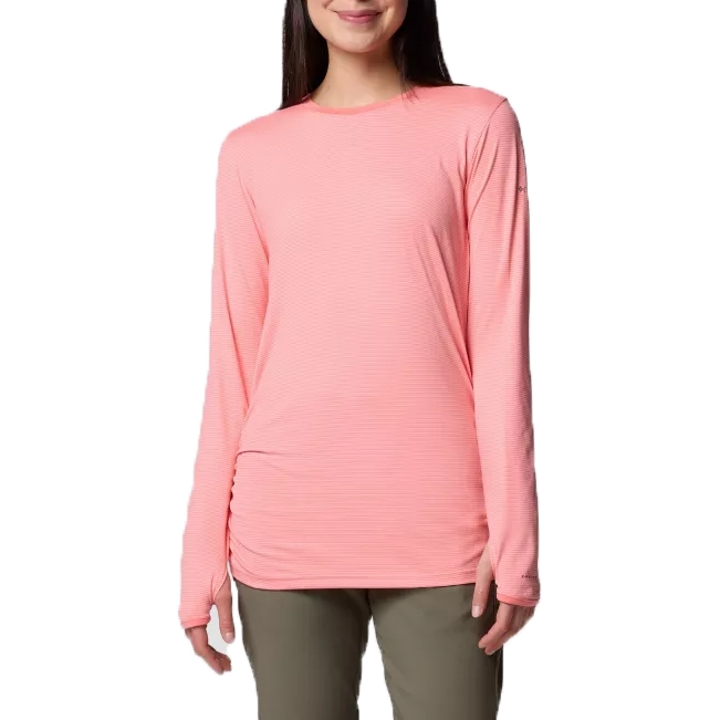 Coral pink long-sleeve shirt with a subtle stripe pattern, featuring thumbholes and crew neck, from Columbia’s Omni-Shade line, offering sun protection.