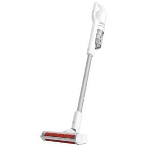 Cordless stick vacuum cleaner with a white design, transparent dustbin, and red-accented brush roller.