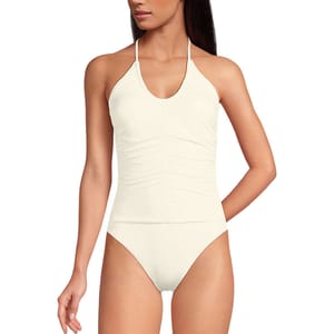 One-piece off-white swimsuit with halter-neck ties and ruched detailing in the front.