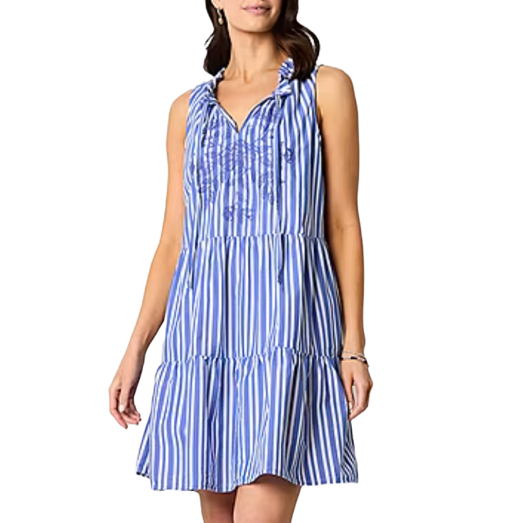 Sleeveless A-line dress featuring blue and white vertical stripes, ruffled collar, embroidered details, and tiered skirt.