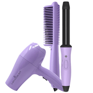 A purple hair styling set including a hairdryer, a straightening brush, and a curling wand.