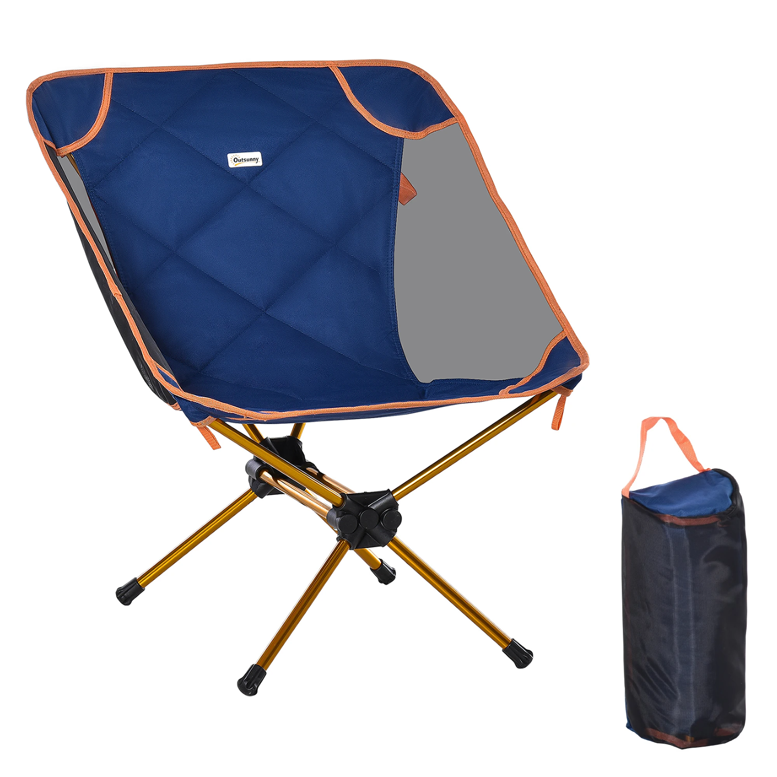 A lightweight, portable camp chair with a blue seat, orange trim, and gold aluminum frame. Includes a matching carrying case with a handle for easy transportation.