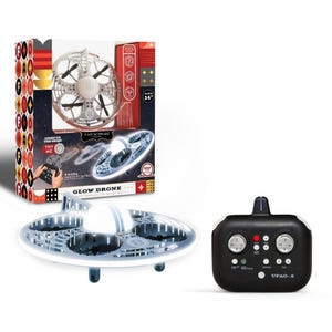 FAO Schwarz LED Drone, designed as a remote control UFO, features 360º stunts, 2.4 GHz frequency with a 150-foot range, and light-up effects, suitable for ages 14 and up, includes a controller.