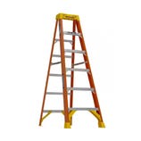 An orange step ladder with six aluminum steps and yellow non-slip feet, designed for stability and safety.