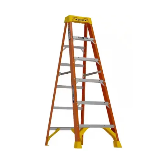 An orange step ladder with six aluminum steps and yellow non-slip feet, designed for stability and safety.