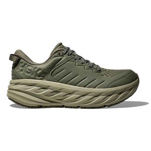 Hoka Men's Bondi SR Shoes feature a thick, cushioned sole and a leather upper in an olive color. They are designed for comfort and support in work environments, emphasizing durability and slip-resistant outsoles.