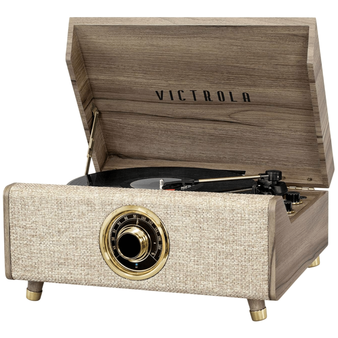 A vintage-style Victrola turntable with a wooden finish, featuring a built-in speaker and retro dial design.