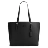 Black leather tote bag with two shoulder straps, silver buckle accents, and a hanging tag. Brand name embossed on the front.