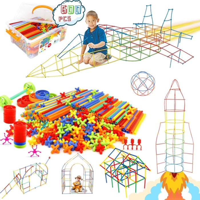 Construction toy set with 600 colorful pieces, including rods, connectors, and wheels. Kids can build various structures like airplanes, rockets, and houses, promoting creativity and spatial skills.