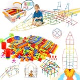 Construction toy set with 600 colorful pieces, including rods, connectors, and wheels. Kids can build various structures like airplanes, rockets, and houses, promoting creativity and spatial skills.