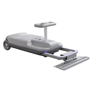 A compact, grey ride-on mop go-cart designed for floor cleaning with a platform for standing, a handle for steering, and wheels at the back.