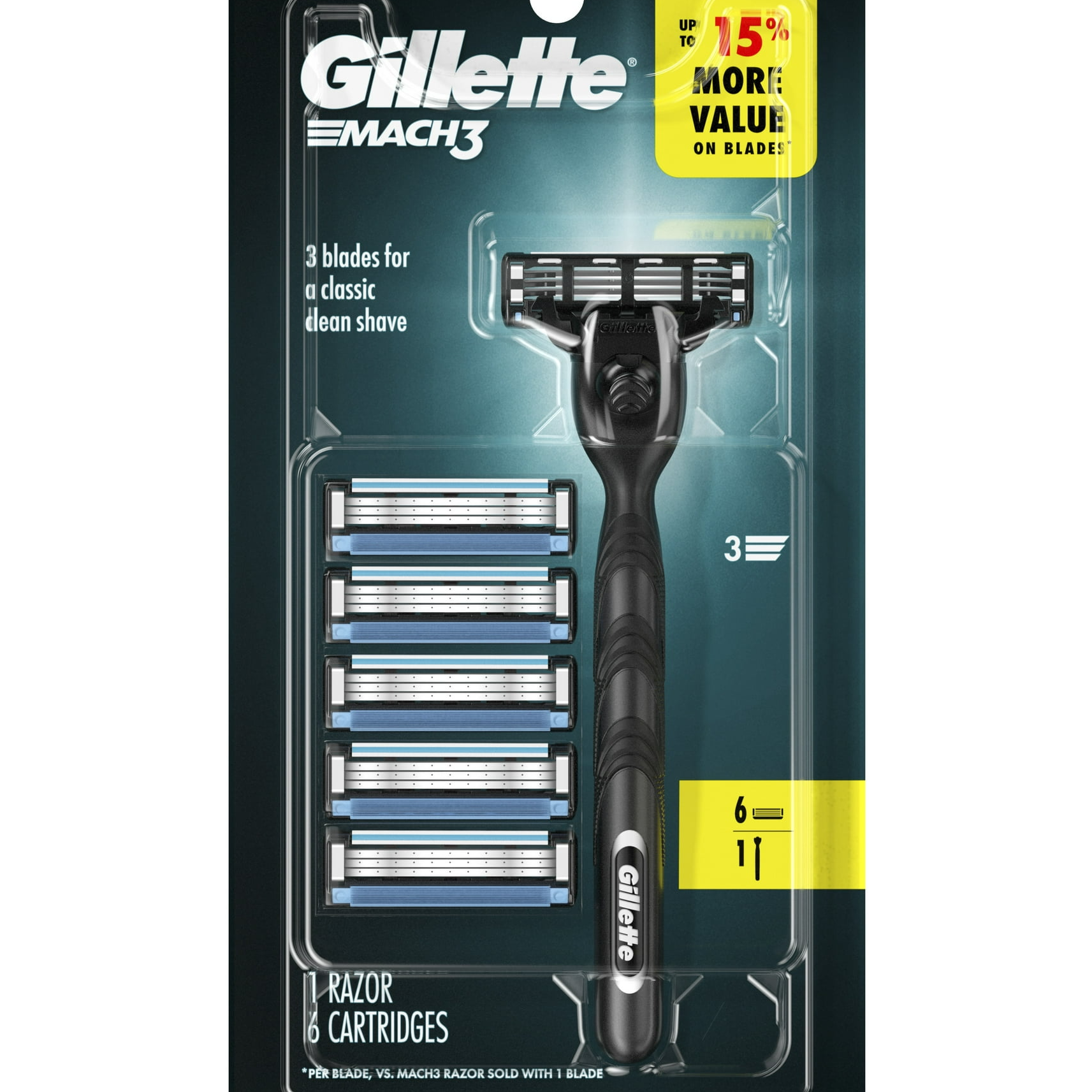 Gillette MACH3 razor set includes a handle with six blade cartridges, offering a classic clean shave with its three-blade system.