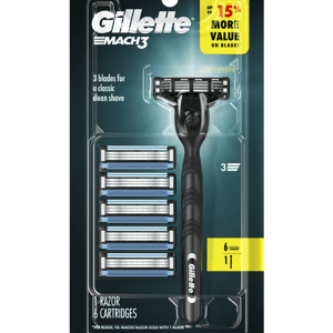 Gillette MACH3 razor set includes a handle with six blade cartridges, offering a classic clean shave with its three-blade system.