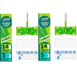 Swiffer Sweep + Mop Sweeping Kit includes 14 dry sweeping cloths and 5 wet mopping cloths, featuring a mop with a green design.