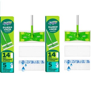 Swiffer Sweep + Mop Sweeping Kit includes 14 dry sweeping cloths and 5 wet mopping cloths, featuring a mop with a green design.